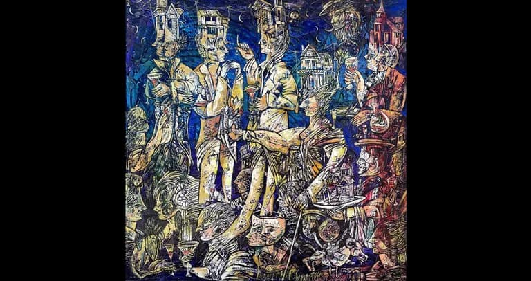 Fredy Villamil, Wine Tasters, 2023 Oil on Canvas 36 × 36 In
