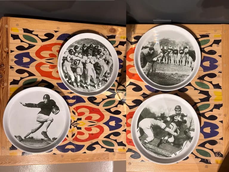 Pottery Barn Football set of 4 Plates 9" Round Black & White Vintage Photos, Pottery Barn