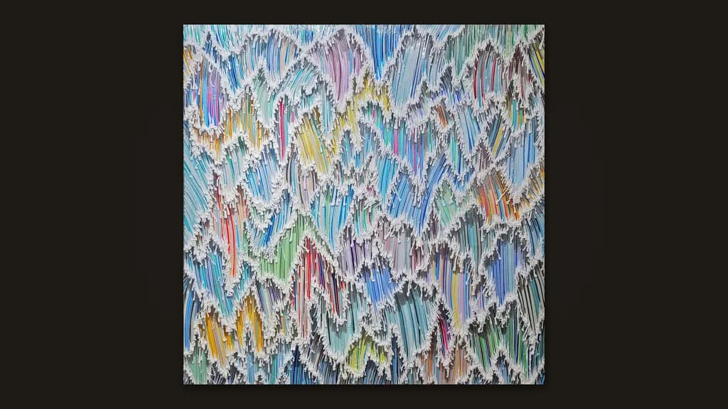 Enrique Machado, Flow: overlapping crests of coloured silicone string, each edged in white foam.