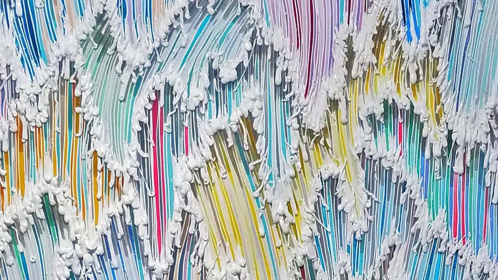 Flow, detail: strings of pastel colour under scalloped edges of white silicone foam.