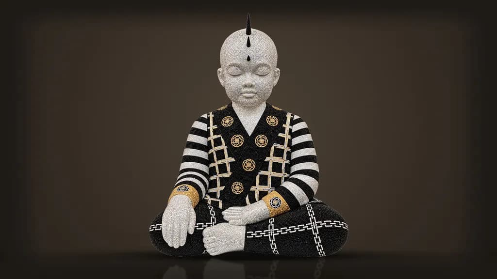 Metis Atash, For the Love of Fashion: Coco Chanel: a crystal Buddha in a black jacket with gold camellias and black and white striped sleeves