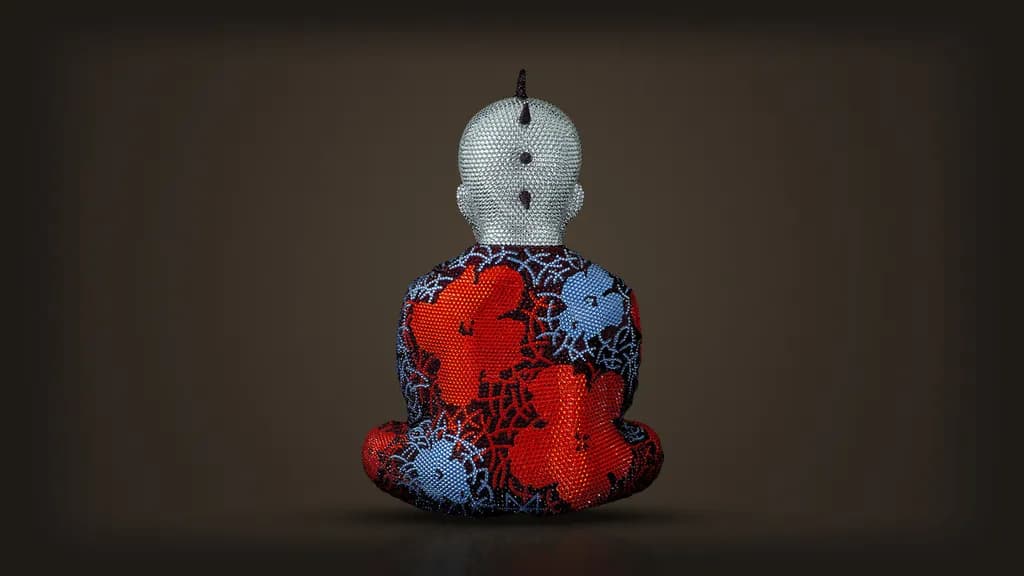 Metis Atash, Ignite the Passion, from the back: large red and blue crystal flowers fill the robe