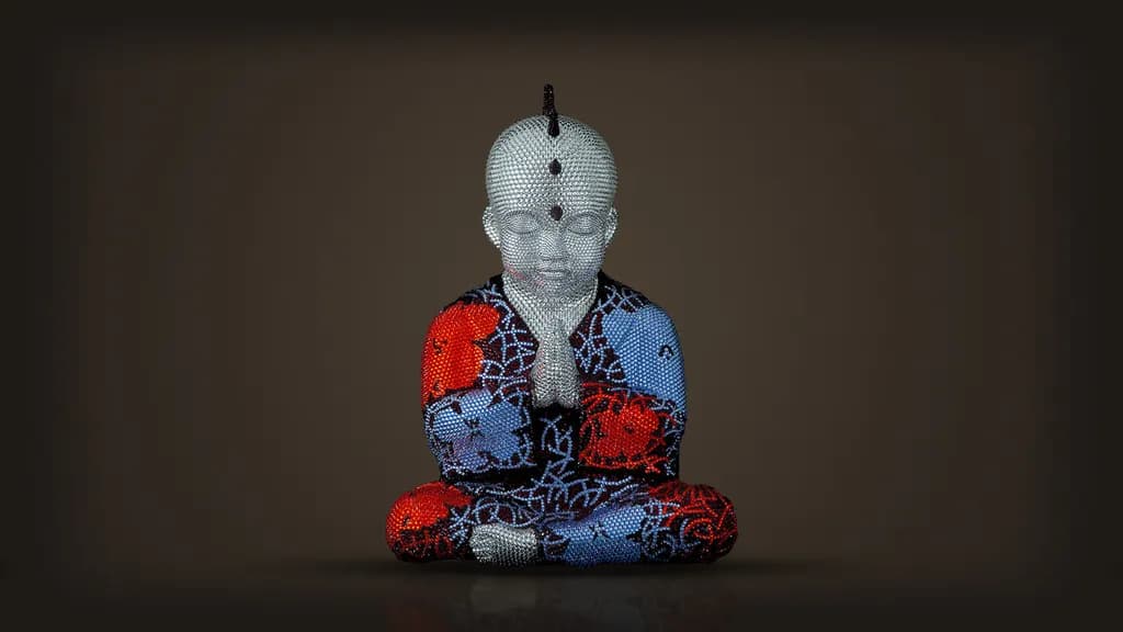 Metis Atash, Ignite the Passion, from the front: red and blue crystal flowers after Warhol on a midnight robe