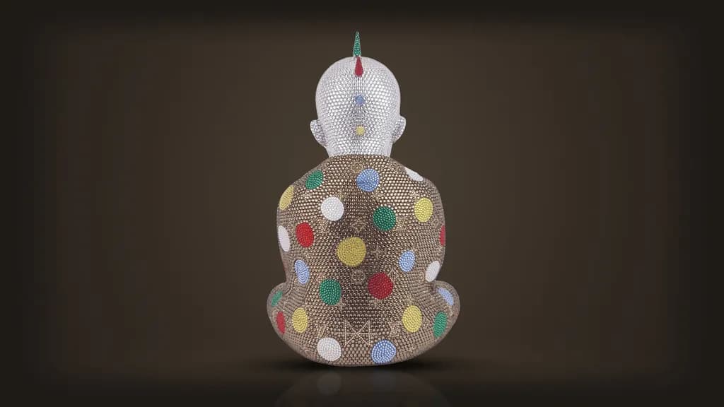 Metis Atash, Kusama Vuitton, from the back: coloured dots over a bronze crystal robe, a line of coloured stones running down the head