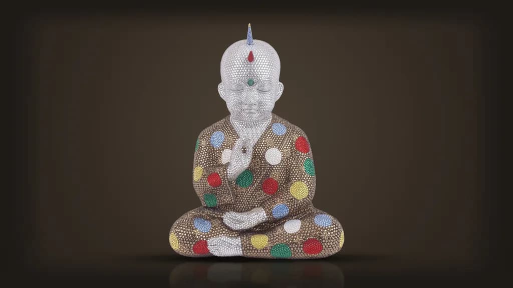 Metis Atash, Kusama Vuitton, from the front: a seated crystal Buddha in a bronze robe scattered with coloured dots, one hand raised, a spike rising from the crown