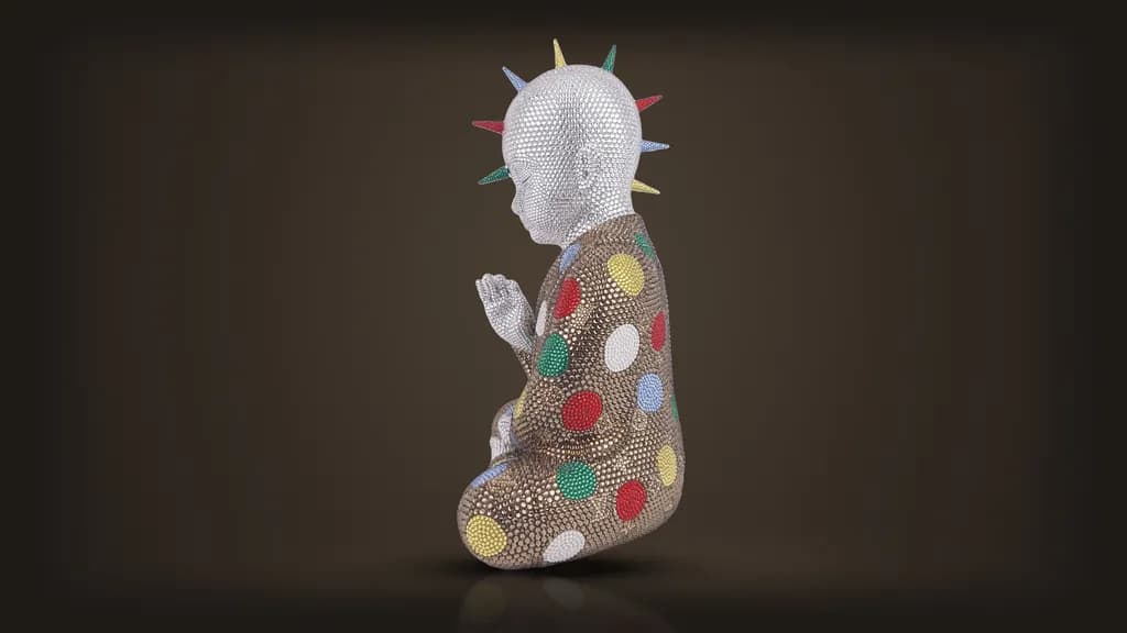 Metis Atash, Kusama Vuitton, in profile: red, yellow, green and blue crystal spikes ring the head like a halo