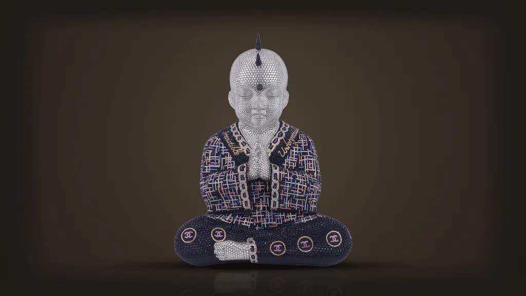 Metis Atash, Mademoiselle Chanel, from the front: hands joined at the heart, a crystal tweed jacket edged with chains, double C medallions across the knees