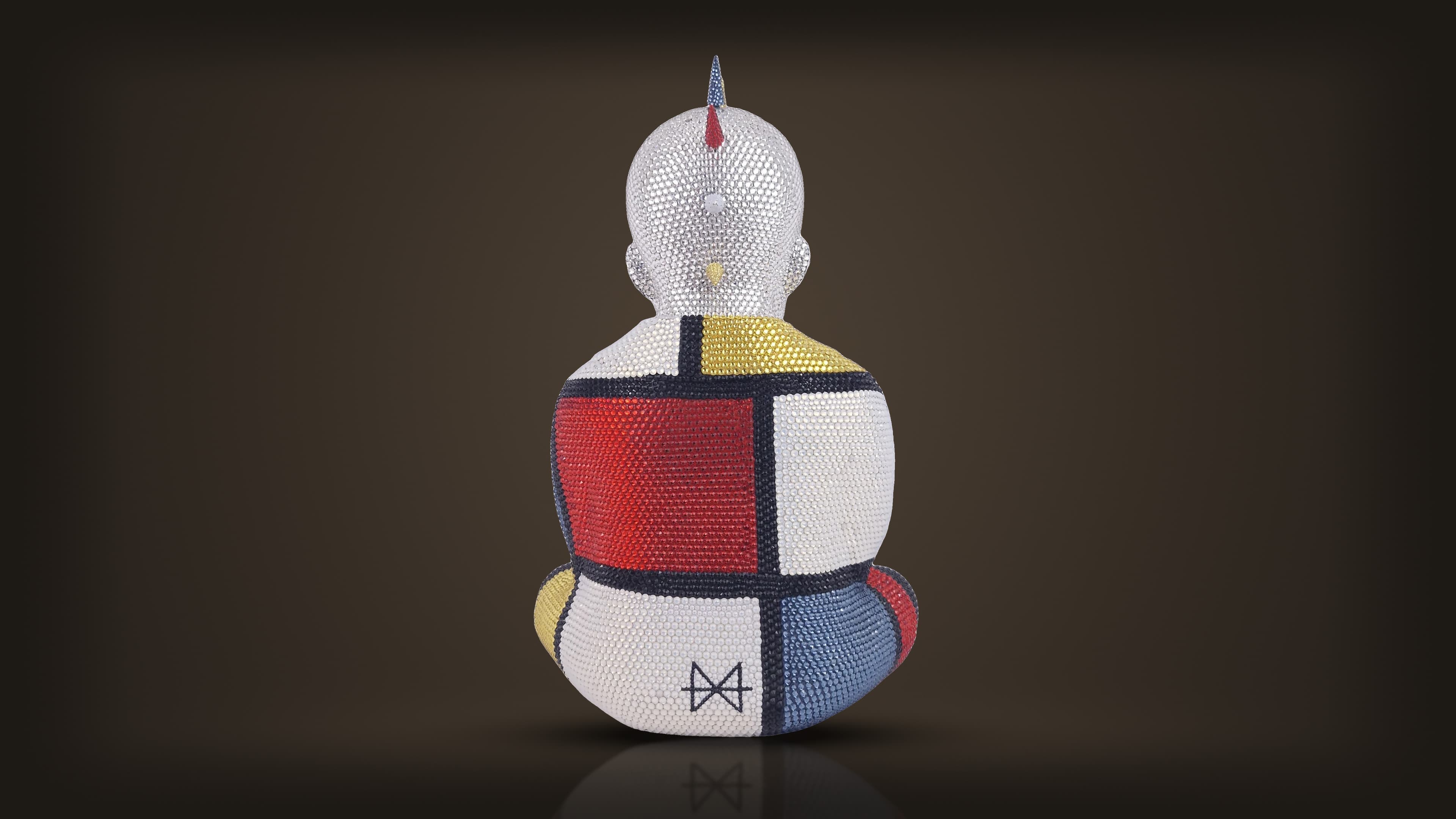 Metis Atash, Saint Laurent Mondrian, from the back: a red block framed by black lines, with yellow, blue and white, all in crystal