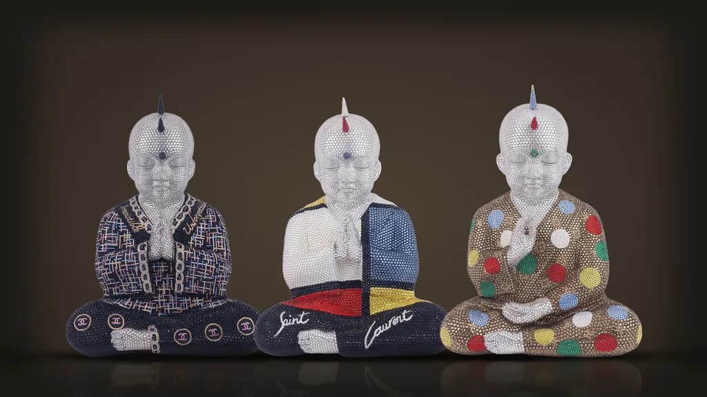 Three Punk Buddhas by Metis Atash side by side: Mademoiselle Chanel, Saint Laurent Mondrian and Kusama Vuitton