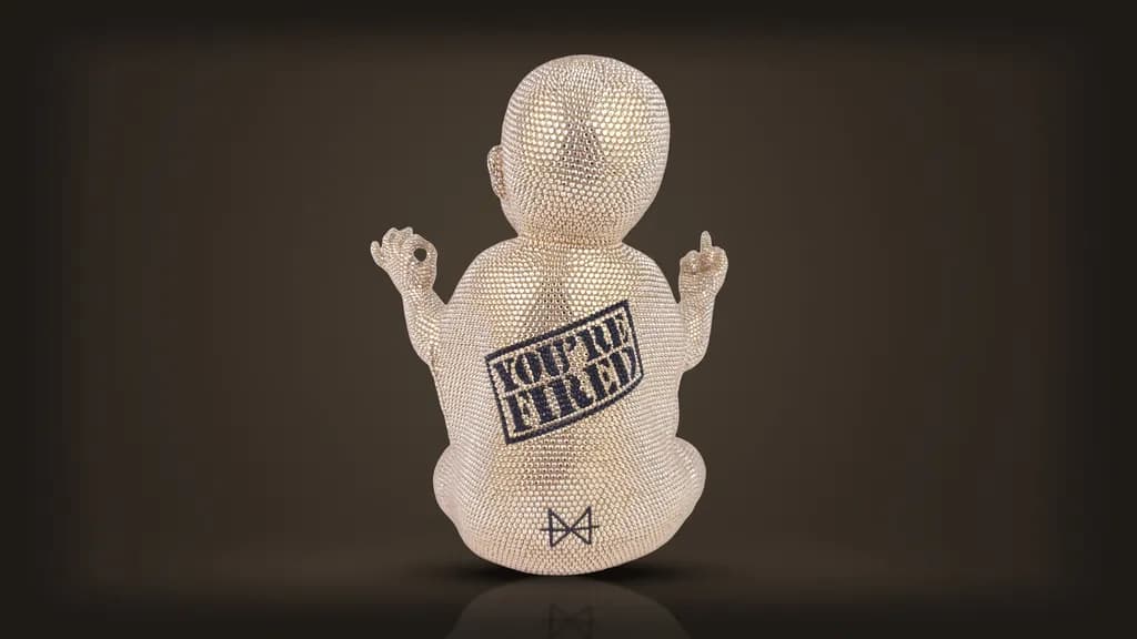 Metis Atash, You Are Fired, from the back: the stamp YOU'RE FIRED repeated, with the artist's emblem below