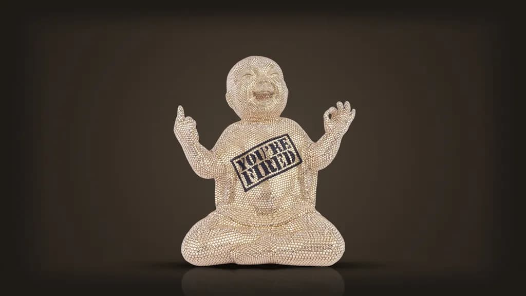 Metis Atash, You Are Fired: a laughing gold crystal Buddha, one finger raised, YOU'RE FIRED stamped across the chest