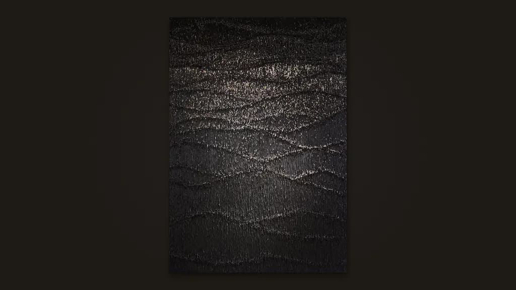 Enrique Machado, Moonlight, 2024: ranks of black silicone waves on black resin, a silver shimmer across the upper half.