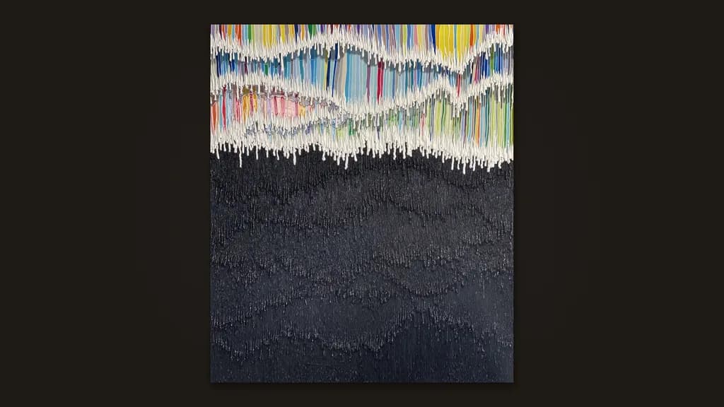 Enrique Machado, God made it rain, the devil made it hail, 2021: a band of coloured strings dripping white into a black field.