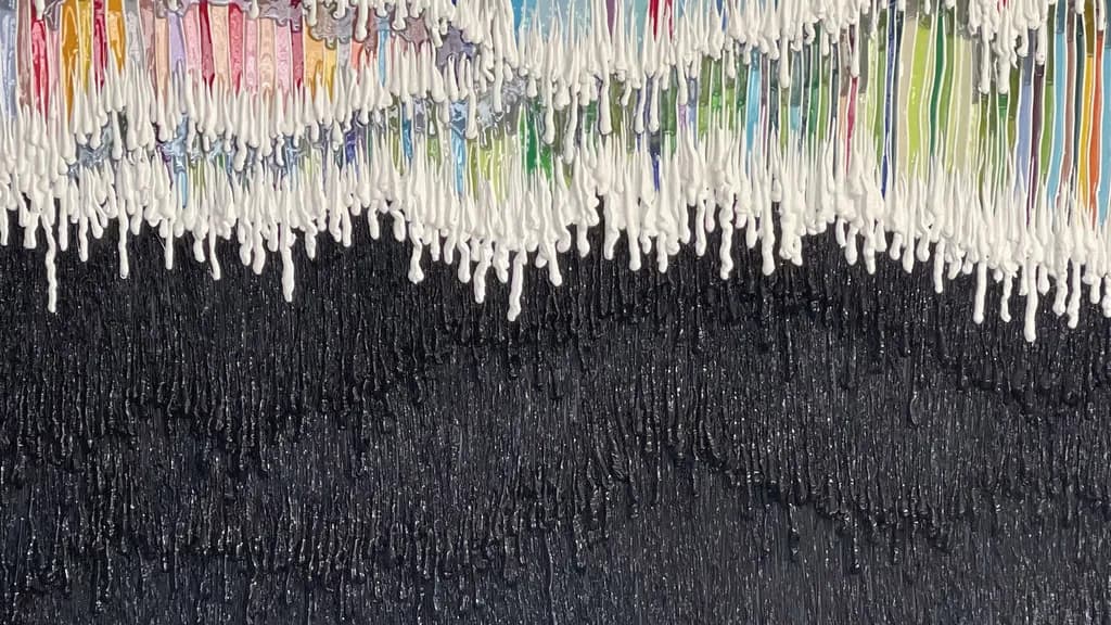 God made it rain, the devil made it hail, detail: white silicone drips hanging from coloured strings over black.