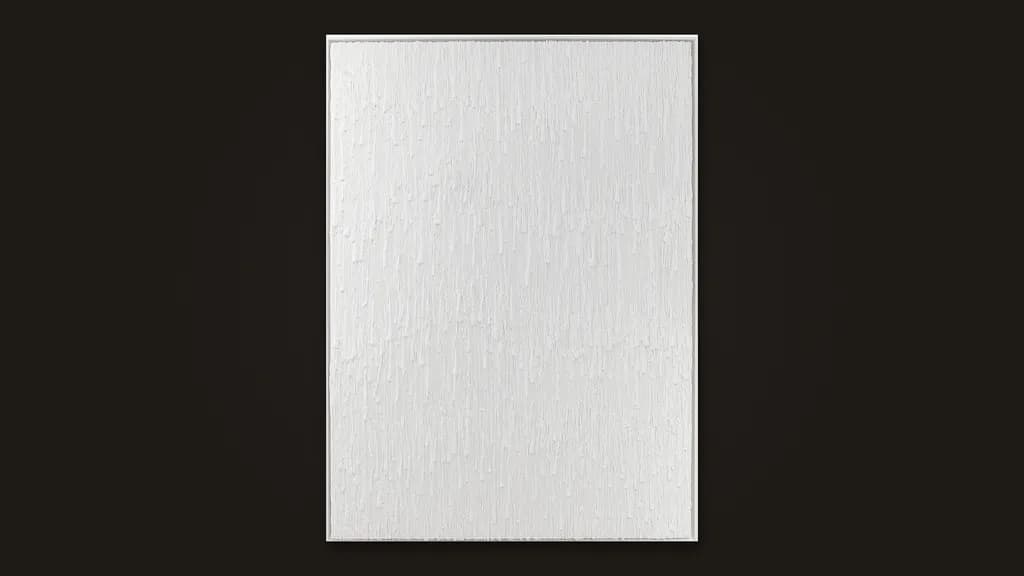 Enrique Machado, White Waterfall: a curtain of white silicone strings falling over white, in a white frame.